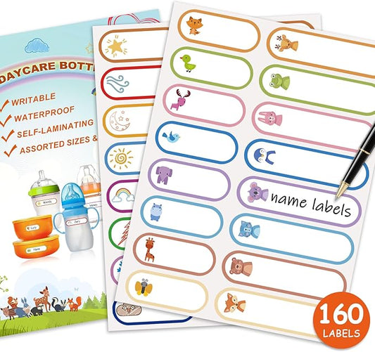 160 PCS Baby Bottle Labels for Daycare, Waterproof Write-On Kids Name Labels, Self-Laminating Self-Adhesive Bottle Strickers for Daycare School, Assorted Sizes & Colors