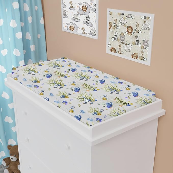 Colorful Undersea Changing Pad Covers Ocean Fishes Jellyfish Sea Weeds Diaper Change Table Pad Sheets for Boys Girls Nautical Marine Life Soft Stretch Fitted Changing Mat Sheets 32''x16''