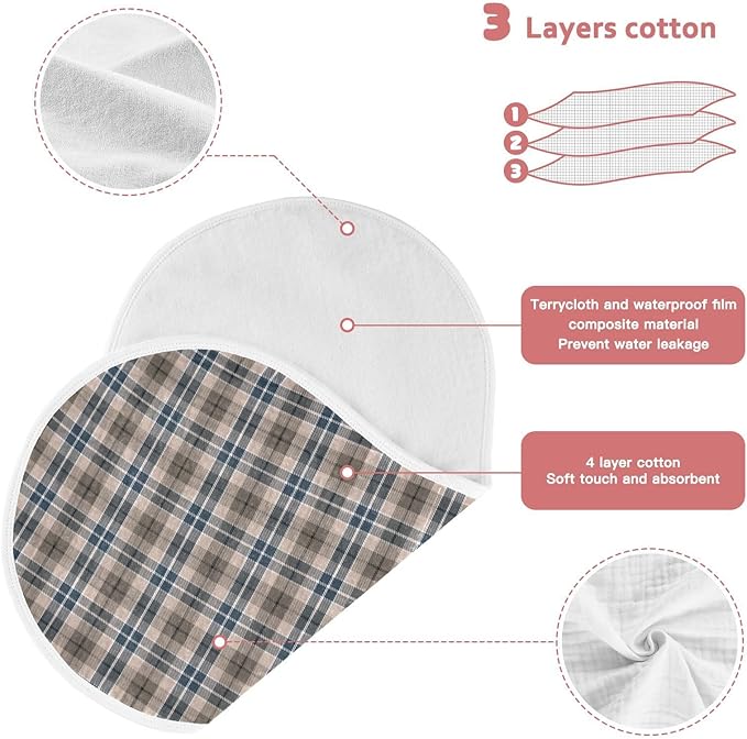 Brown Plaid Checkered Baby Muslin Burp Cloths Set of 2 Geometric Gingham Muslin Washcloths Rustic Patch Milk Spit Up Rags Soft Newborn Towel for Unisex Boys and Girls, 22 x 11 Inch