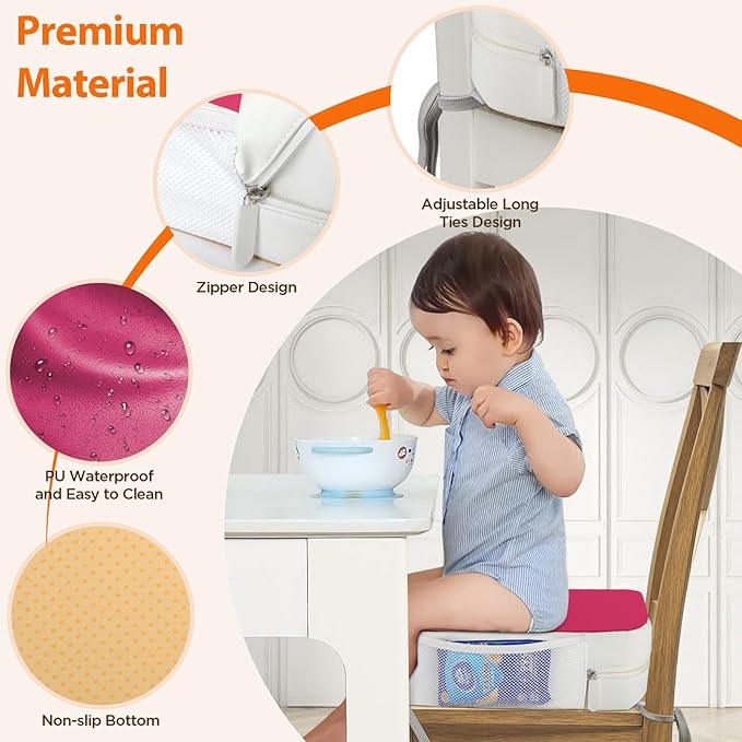 Booster Seat for Kitchen Chair, 3.8" Toddler Booster Seats for Dining Table with Ties, PU Dining Booster Seat with Side Pockets, Non-Slip & Removable Booster Seat for Table Increasing Cushion (Pink)