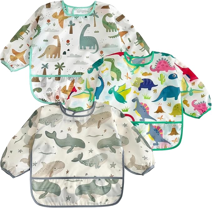 PandaEar 3 Pack Baby Long Sleeve Bibs, Waterproof Toddler Smock for Eating & Arts, Sleeved Bib with Elastic Cuffs & Pocket, Fits 6-36 Months (Whale/Dinosaur)