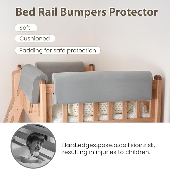 Toddlers' Bed Rail Bumpers Protector, Children's Bed Guardrail Padding, Soft Cushioned Barrier, Increased Height, Easy to Install, Washable Cover, Fits Floor, Bunk & Loft, 2.3 Ft, Gray, 1Pack