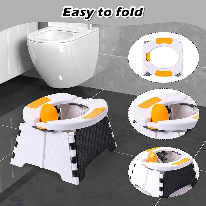 Foldable Travel Potty for Toddlers, Portable Potty Chair with Bag & 30 Pouches - Kids Toilet for Car, Camping, Indoor Outdoor - Splash-Proof Design, Easy Clean Training Seat (White)