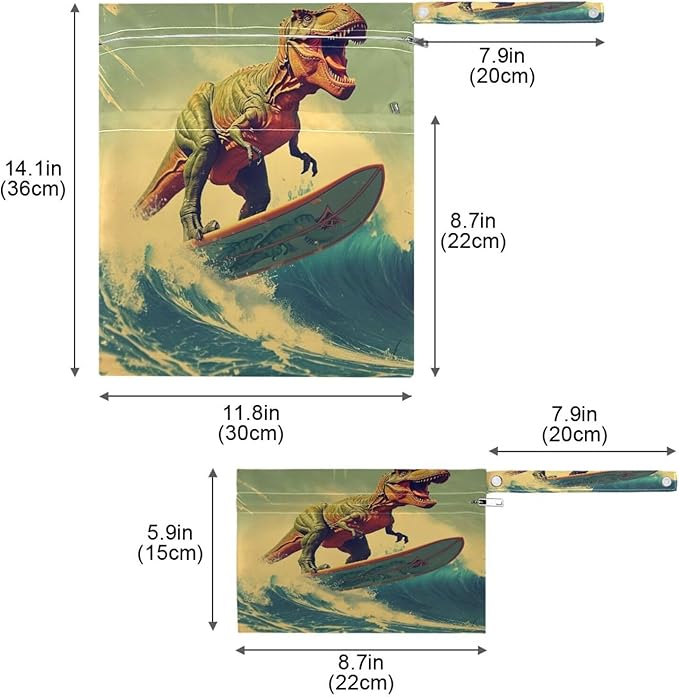 Dinosaur on Surfboard Wet Dry Bag for Baby Cloth Diaper Waterproof Reusable Travel Wet Bag with Two Zippered Pockets for Swimsuits, 2 Pcs