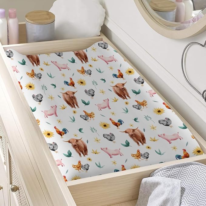 Farm Animals Changing Pad Cover Yak Pigs Rooster Hens Sunflowers Diaper Change Table Sheets for Boys Girls Soft Stretchy Snug Fitted Diaper Changing Table Mats Cover 32''x16''