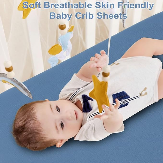 2 Pack Muslin Crib Sheets for Boys & Girl- Neutral Breathable Cotton Crib Mattress Sheets Fitted for Standard 28"x 52"- Nursery Décor No Slip Bed Sheets- Dustyblue & Blue