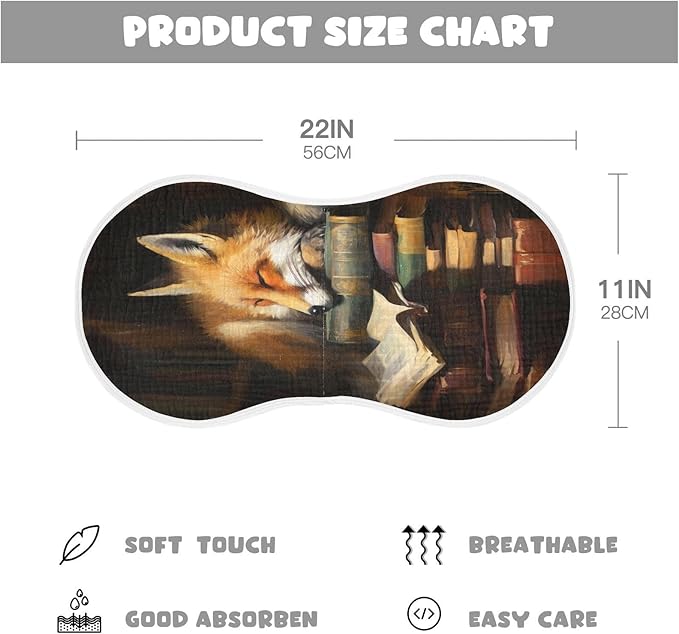 1 Pack Muslin Burp Cloths Fox Book Cartoon Print Cotton Baby Burp Cloths Absorbent Soft Burping Cloth Washcloths for Newborn Babies 22x11 Inch