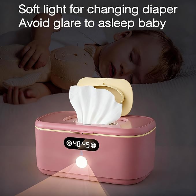 Wipe Wamer for Vehicle and Home Use, Baby Wet Wipes Dispenser and Diaper Wipe Warmer with Night Light,Temperature Display,No Need Water and Sponge, ℉ and ℃ Convertible (Pink, 110-240V)