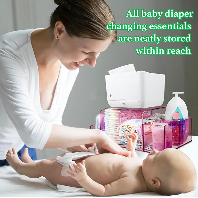 NANYEZH Acrylic Diaper Caddy, Baby Wipes Organizer for Changing Table, Dresser Top Tabletop Organizer with 4 Detachable Compartments, Anti-slip Rubber Feet, Newborn Baby Essentials, Red