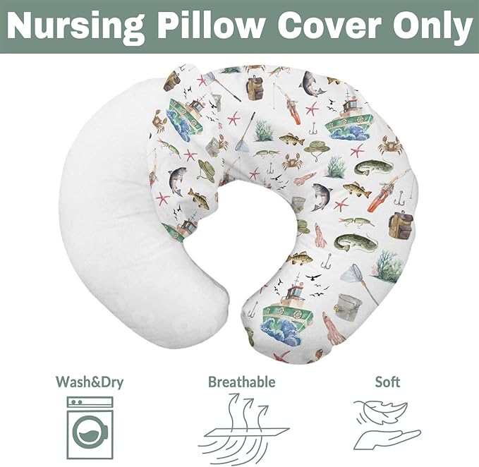 Gone Fishing Baby Nursing Pillow Covers for Boy Girl Ocean Boats Fishes Crabs Seaweed Nursing Pillowcase for Breastfeeding Pillows Fishing Lovers Gift Soft Stretchy Slipcovers for Newborn Infant