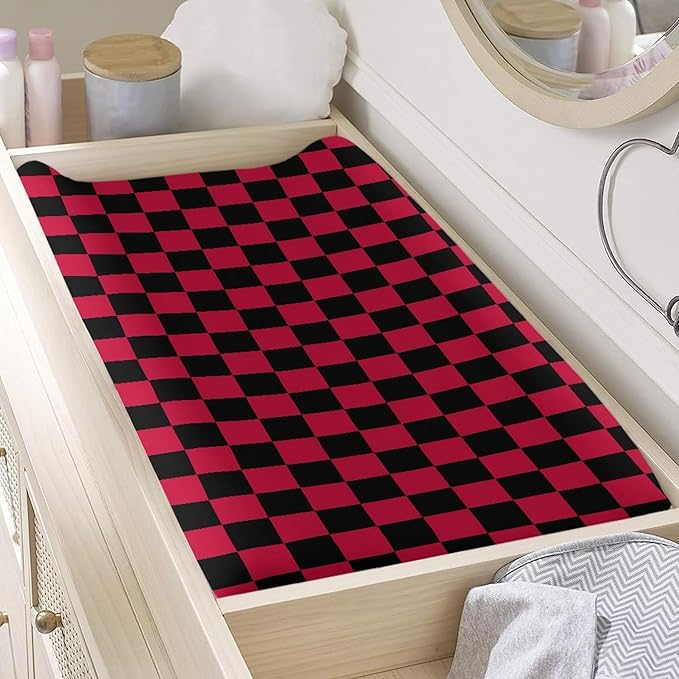 Black and Red Checkered Changing Pad Cover for Baby Girls Boys Cartoon Breathable Diaper Change Table Sheet Soft Stretchy Cute Change Table Mat Cover Fit 32x16