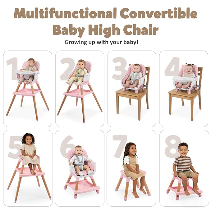TODEFULL 8 in 1 Wooden High Chairs for Babies Toddlers, Convertible to Booster Seat, Baby Feeding Highchair w/ 5-Point Safety Harness, Removable Tray & Cushion, Pink