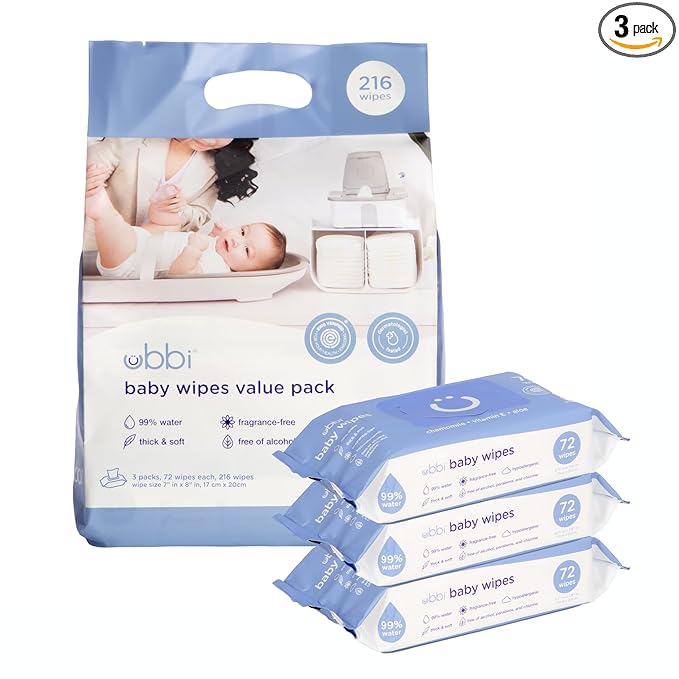 Ubbi Fragrance-Free Baby Wipes, 99% Water Based, Plant Based Wipes, Hypoallergenic for Sensitive Skin with Chamomile, Vitamin E & Aloe, EWG Verified, Value Pack, 3 Pack (216 Wipes Total)