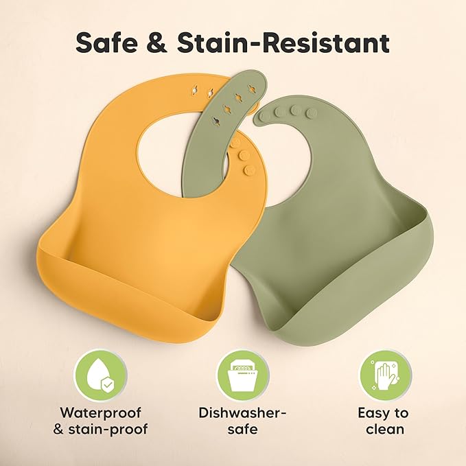 KeaBabies 2-Pack Silicone Bibs for Babies, Toddlers Girl, Boy – Sturdy Food-Grade Baby Bibs for Eating, Large Food Catcher, Clean & Put On Easily, Waterproof Toddler Feeding Essentials (Forest)