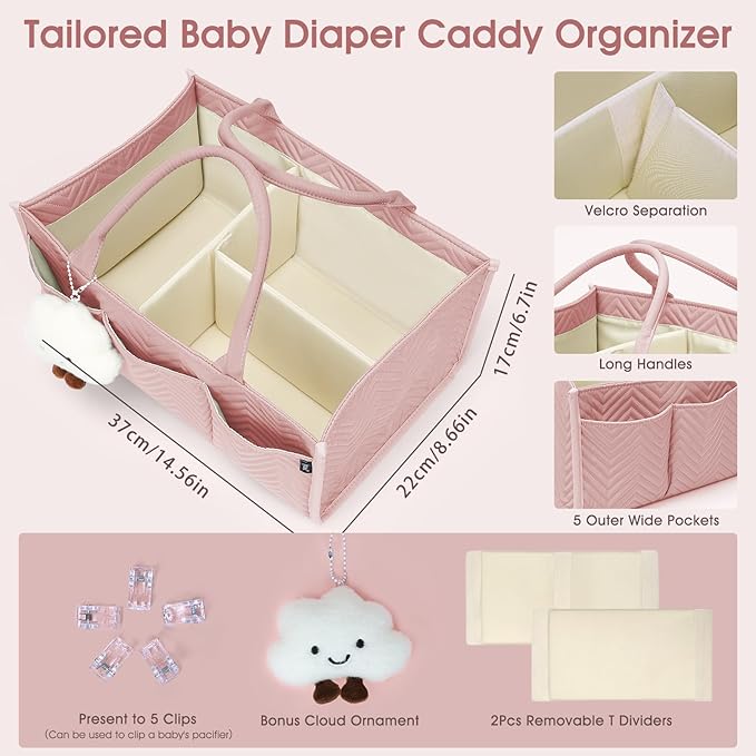Skycase Large Diaper Caddy Organizer, Baby Organizers and Storage for Newborn Essentials Must Haves, Nursery Storage Basket for Baby Shower Gifts, Baby Registry Search for Boy or Girl - Pink
