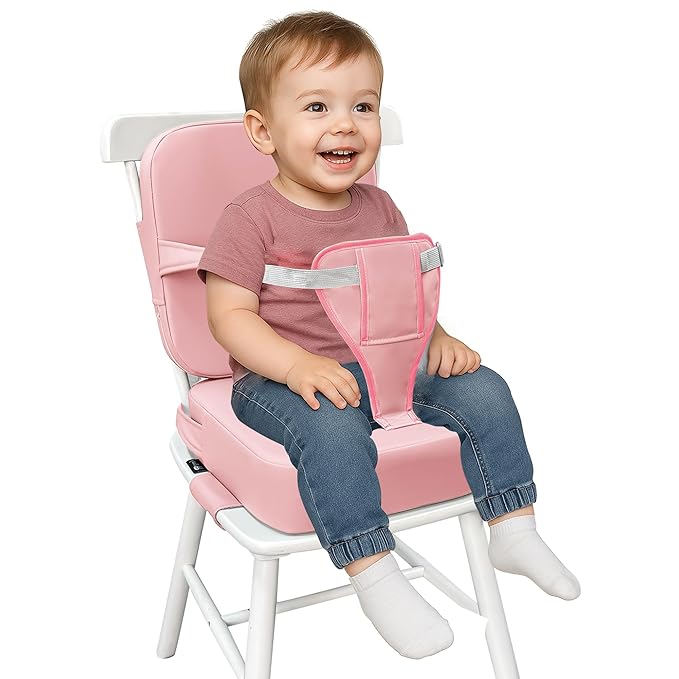 Eiury Toddler Booster Seat for Dining Table – Non-Slip PU Waterproof Cushion with Backrest & Adjustable Straps, Portable Baby Booster Seat (Pink)