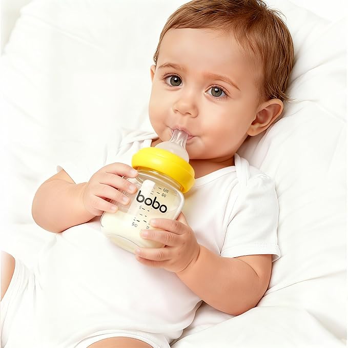 YOHKOH Natural Glass Baby Bottle with Level 1 Slow Flow Nipple, Newborn Anti-Colic Baby Bottles, Wide Neck Mushroom Baby Glass Bottle (Yellow-A, 3.4oz (Pack of 4))