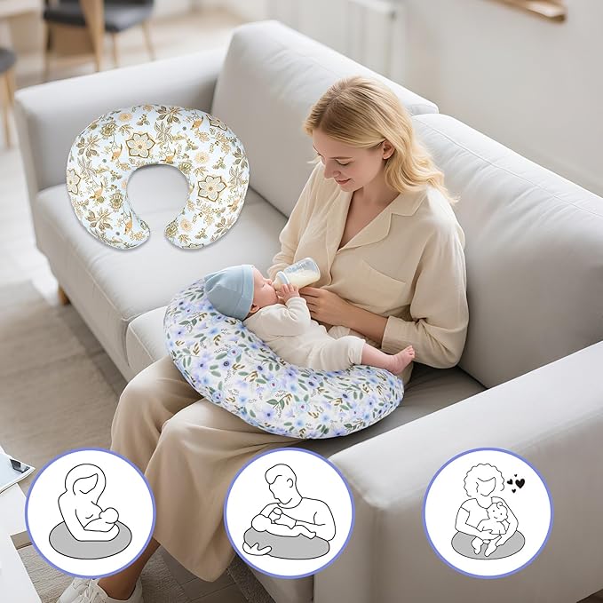 2 Pack Nursing Pillow Covers – Soft Breathable Cotton, Fits Standard Breastfeeding Pillows, Washable & Hypoallergenic for Newborn Baby Girls & Boys,Cover Only