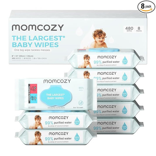 Momcozy Baby Wipes-Extra Large Size Design, 99% Water Based, Unscented & Hypoallergenic, Cleansing & Moisturizing Baby Wipes for Sensitive Skin, 8 Flip-Top Packs (480 Wipes Total)