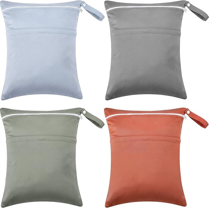 Shappy 4 Pcs Wet Dry Bag for Baby Cloth Diapers Waterproof Wet Bag Washable Travel Reusable with 2 Pocket for Swimsuits for Yoga Gym Travel Beach Pool(Brown, Dark Green, Light Purple, Grey)