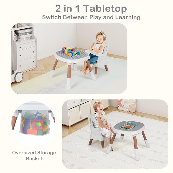 INFANS 9 in 1 High Chair, Convertible Baby Highchair for Babies and Toddlers, Table and Chair Set Building Block Infant Dining Booster Seat, Kids Stool with Activity Children Play Kitchen (Beige)