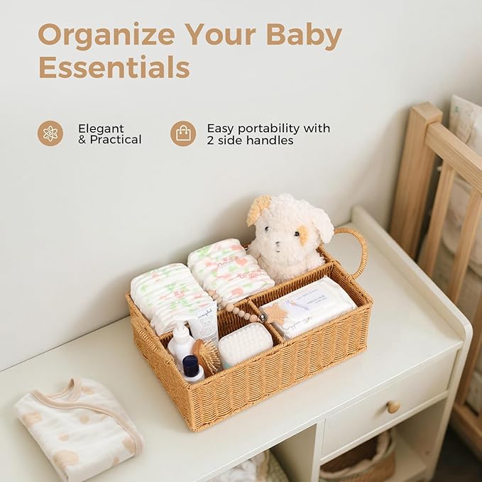 Diaper Caddy Organizer, Hand Rattan Nursery Baby Basket Changing Table Organizer for Baby Essentials, Baby Shower Gifts, Versatile Shelf Basket Bathroom/Kitchen Organizer (Natural, L)