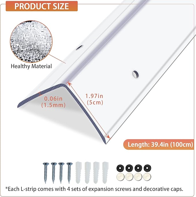 QDYMXUN Clear Screws Installation Wall Corner Protectors, Thickened L-Shaped Furniture Edge Shields & Guards for Sharp Wall, Door Frame, Table (4pcs x 39.4''L x 1.97''W)