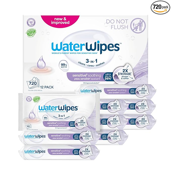 WaterWipes Plastic-Free Soothing Clean 99% Water Based Botanical Baby Wipes, Unscented & Hypoallergenic for Sensitive Skin, 12 Resealable Packs (720 Wipes)