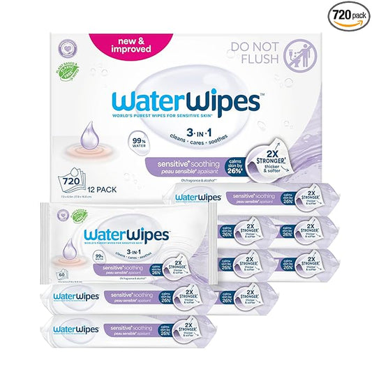 WaterWipes Plastic-Free Soothing Clean 99% Water Based Botanical Baby Wipes, Unscented & Hypoallergenic for Sensitive Skin, 12 Resealable Packs (720 Wipes)