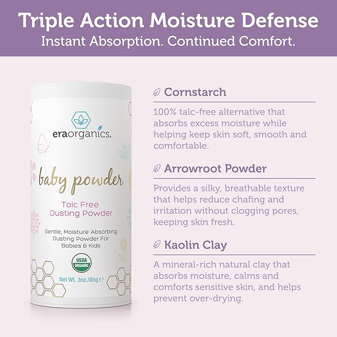 Era Organics Talc-Free Organic Baby Powder - USDA Organic Dusting Powder with Arrowroot, Calendula and Cornstarch for Newborns, Babies or Toddlers - Soothing, Fragrance Free (3oz/85g) - 2 Pack