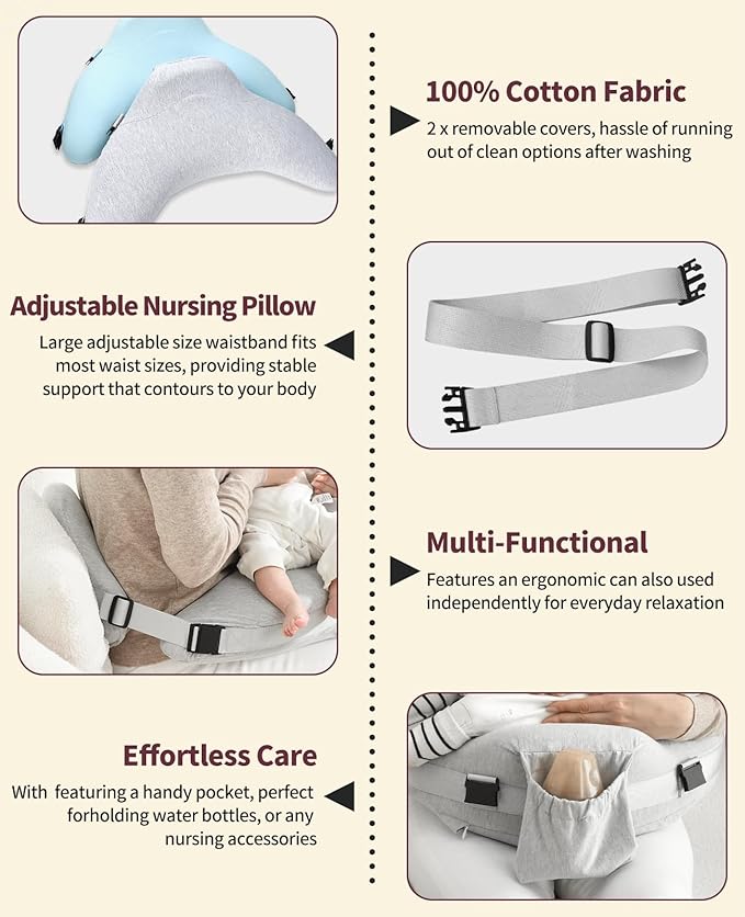Nursing Pillow - with 2 Removable Cotton Cover, Firm Springy Memory Foam - Adjustable Waist Strap, Ergonomic Support, with Removable Backrest, Easier Breastfeeding