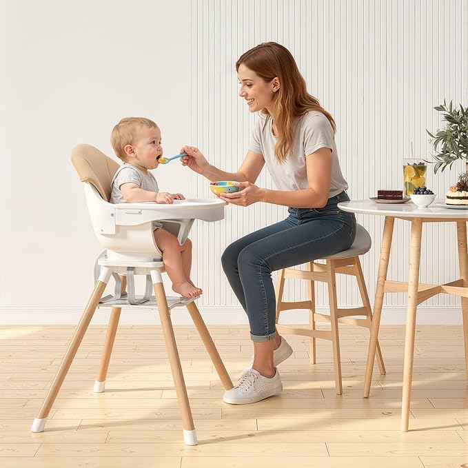 EROMMY 360° Swivel Baby High Chair,6-in-1 Convertible Wooden High Chair for Babies and Toddlers-Baby Feeding Chair with 5-Point Harness,Adjustable Highchair Features,Removable Double Tray