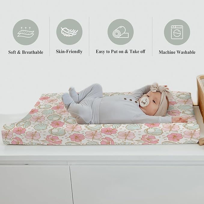 Boho Summer Mermaids Floral Changing Pad Covers for Baby Girls Boys Beach Seashells Conch Tropical Flowers Fitted Change Table Pad Covers Mats Ocean Marine Soft Diaper Changing Pad Sheets 32''×16''