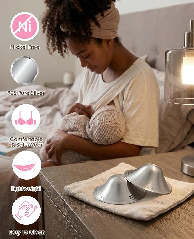 The Original Silver Nursing Cups, Nipple Covers for Breastfeeding, Nipple Shields for Nursing Newborn, Breastfeeding Essentials Silver Nipple Guards