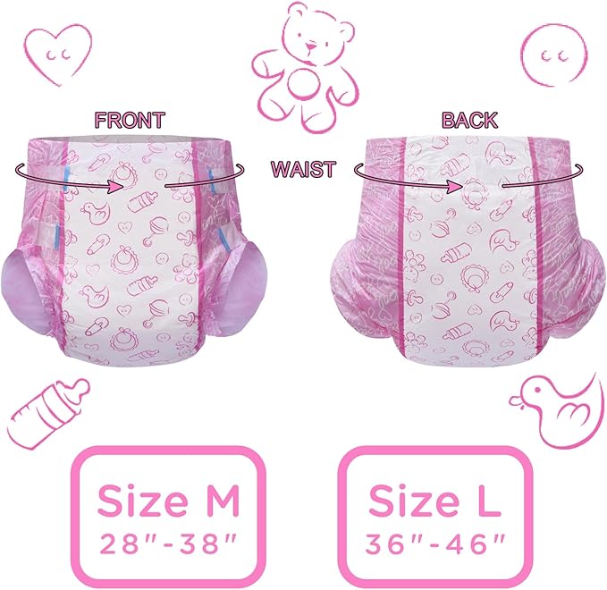 Littleforbig Adult Printed Diaper 80 Pieces (8 Packs) - Nursery Pink (Medium 28"-38")