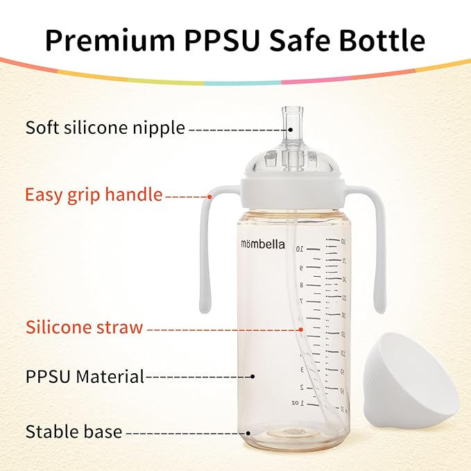 2 in 1 Baby Bottles n Straw Cup with Handle, Mombella Classic PPSU Baby Bottle & Sippy Cup, Toddler Water Bottle, Soft Silicone Fast Flow Nipple, BPA Free Transition Cup for 6 Months+, 10oz, Ivory