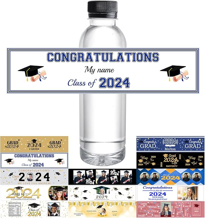 Personalized Water Bottle Labels Graduation Custom Graduation Labels with Name for Water Bottle Stickers Waterproof Printable Photo Bottle Labels Graduation Gifts 50 Pcs