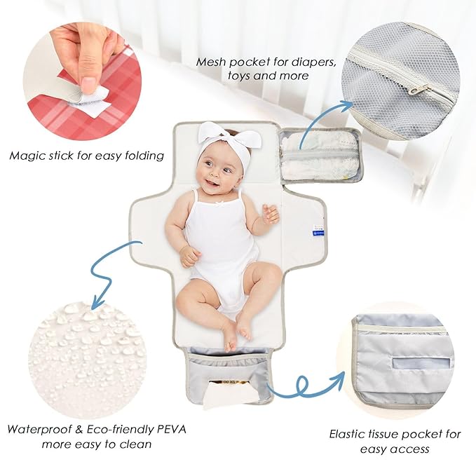 Portable Diaper Changing Pad Travel Baby Changing Mat Waterproof Diaper Changing Mat Foldable Lightweight Baby Changer with Built-in Pillow Checkered Plaid Red