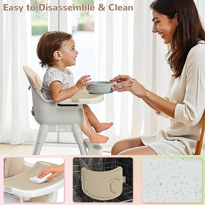 Ktaxon 3-in-1 Baby High Chair, Portable Adjustable Height Highchair with Removable Dual-Layer Tray, 5-Point Safety Harness and Footrest for Toddlers & Babies, Beige