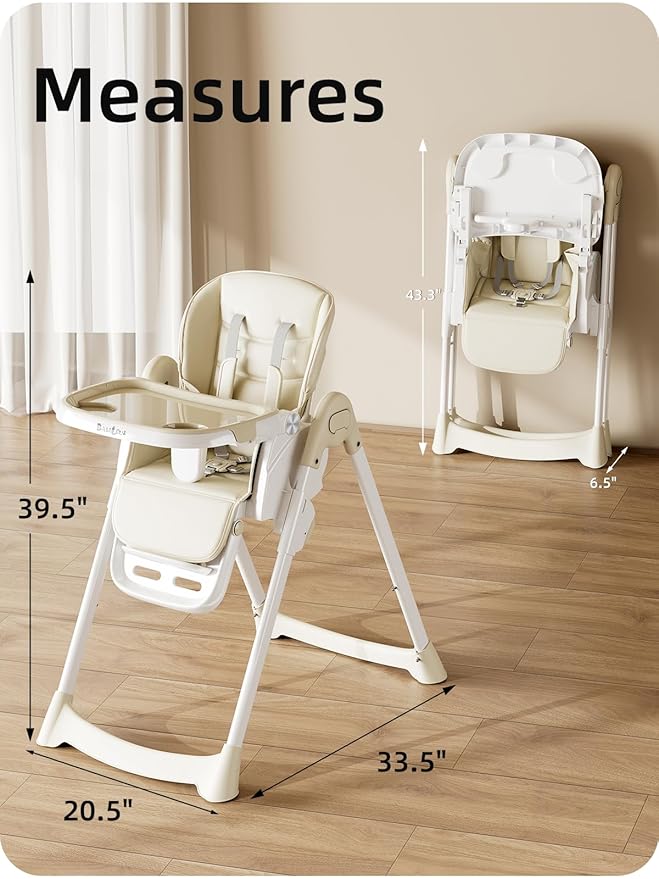 Babilous High Chair, Foldable High Chairs for Babies and Toddlers with Removable Tray, Height Adjustable Feeding Chair, Adjustable Backrest and Footrest, Beige