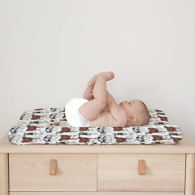Cute Cows Changing Pad Covers Watercolor Cows Green Leaves Baby Nursery Diaper Changing Pad Sheets for Boys Girls Ultra Soft Breathable Stretch Changing Table Mat Sheets Cover 32''x16''