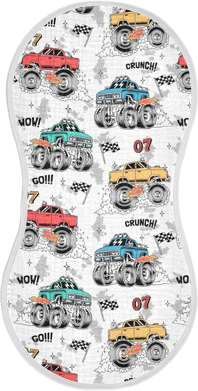 Muslin Burp Cloths for Baby Boys and Girls - 1-Pack Ultra Absorbent Monster Trucks Muslin Washcloths, Newborn Towel, Milk Spit Up Rags, Burp Cloth Bib for Unisex, 22 x 11 Inch