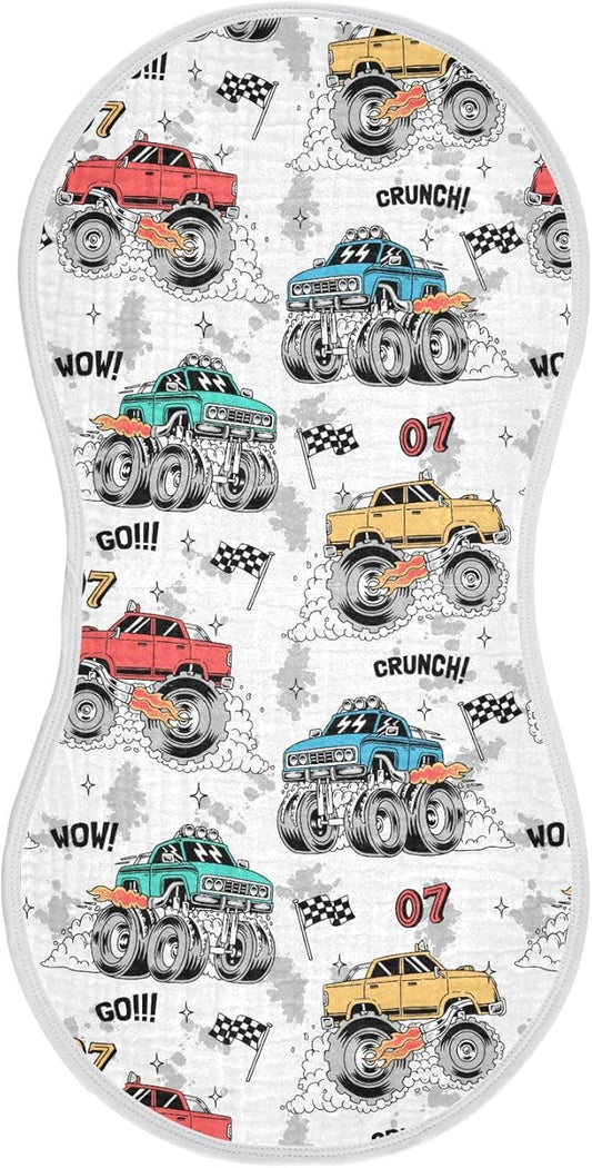 Muslin Burp Cloths for Baby Boys and Girls - 1-Pack Ultra Absorbent Monster Trucks Muslin Washcloths, Newborn Towel, Milk Spit Up Rags, Burp Cloth Bib for Unisex, 22 x 11 Inch