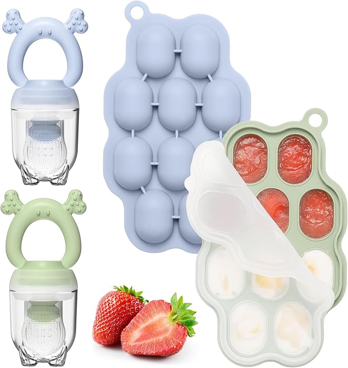 KingKam Baby Breastmilk Popsicle Molds & Baby Fruit Feeder (2 Pack), Baby Food Freezer Tray Storage Containers, Silicone Pacifier Feeder and Teether