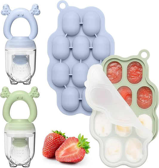 KingKam Baby Breastmilk Popsicle Molds & Baby Fruit Feeder (2 Pack), Baby Food Freezer Tray Storage Containers, Silicone Pacifier Feeder and Teether