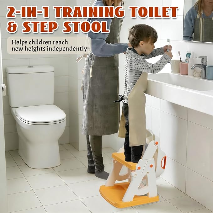 Potty Training Toilet Seat, Stable Potty Training Seat with Step Stool, 2 in 1 Toddler Toilet Seat with Steps for Kids Boys Girls, Toddler Potty Seat with Ladder, Splash Guard, Anti-Slip Pads (Yellow)