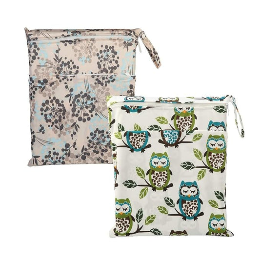 2 Wet Bags Reusable Diaper Nappy Waterproof With Two Zippered Pockets (Owl and Foliage)