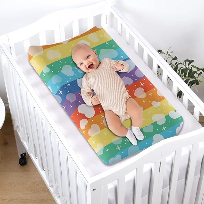 Rainbow Stripe Heart Changing Pad Cover for Baby Girls Boys Comfort Diaper Change Table Pad Covers Soft Changing Pad Sheets