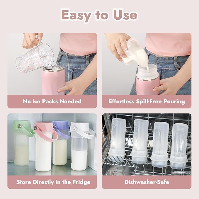 HEYTRIP Portable Breastmilk Cooler - 20oz Stainless Steel Milk Chiller Bottle for Travel & Work | Reusable Breastmilk Storage Container, 36+ Hour Cooling, TSA Approved | Rosy Azure