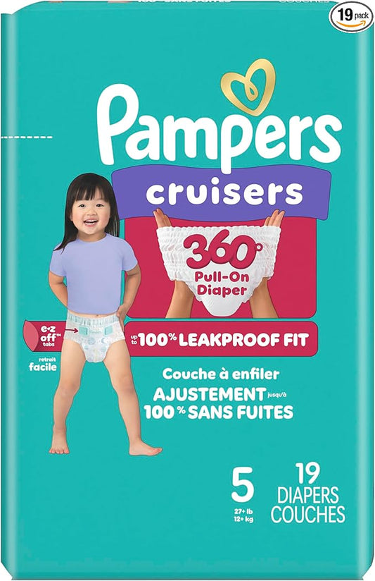 Pampers Diapers - Cruisers 360 - Size 5, 19 Count, Babyproof up to 100% Leakproof Pull-On Diaper (Packaging May Vary)